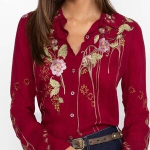 Johnny Was Red Floral Embroidered Blouse